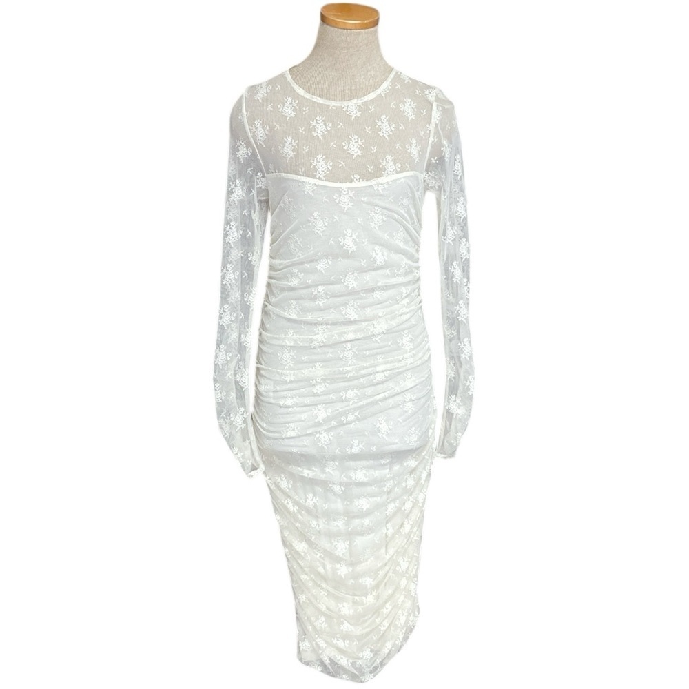 BHLDN Anthropologie Dress Bailee Ruched Sheer Lace White Floral Bodycon Small